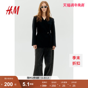 V领气质宽松长袖 HM女装 配腰带围裹式 冬季 通勤西服外套1270608 西装