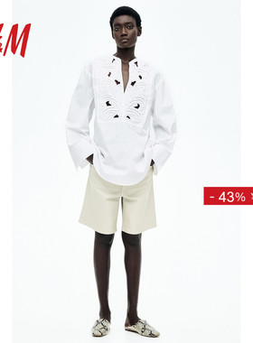 HM S/S女装衬衫春季优雅气质镂空刺绣长袖上衣1281523