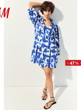 HM女装连衣裙春季时尚休闲V形领抽绳设计宽松短裙1212592