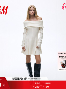 HM冬季女装罗纹针织露肩连衣裙1311438