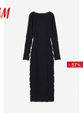 HM女装连衣裙冬季修身优雅气质一字领中长针织裙1203920