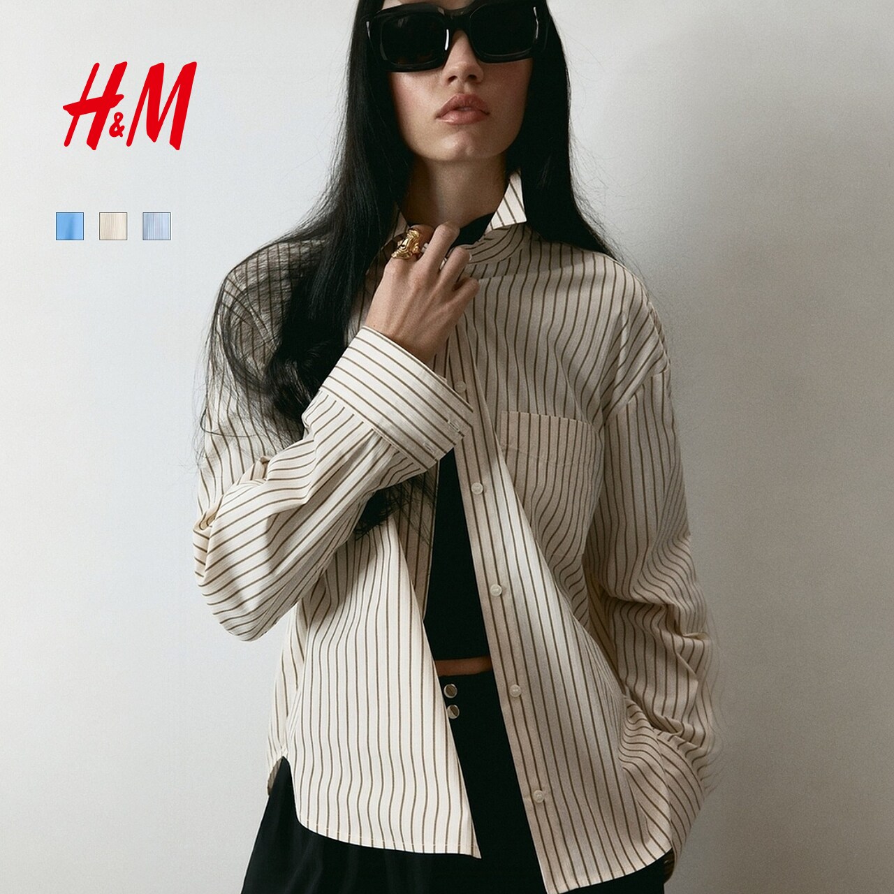 HM女装衬衫2026春季新款智性条纹美学大廓形府绸衬衫上衣1316799图片