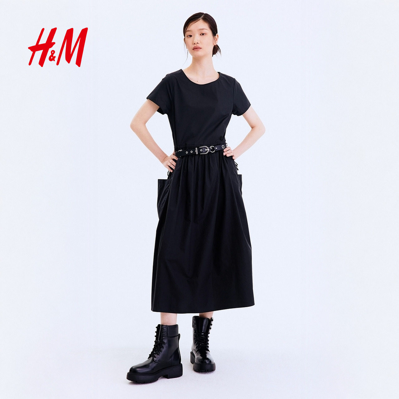 HM女装连衣裙2026夏季新款绑带收腰机能风松弛掐腰连身裙1337627图片