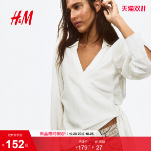 HM女装衬衫2026秋季新款围裹式粘纤混纺长袖休闲上衣1340751