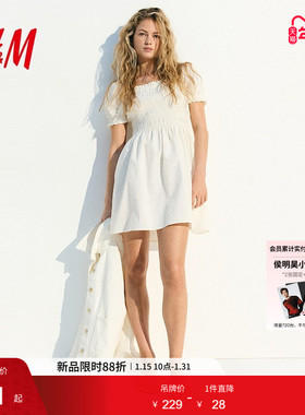 HM女装千金风连衣裙春季法式泡泡袖缩褶府绸短裙1274547