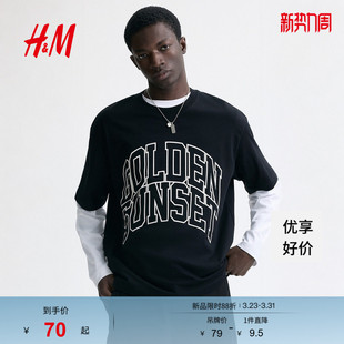 情侣装 宽松版 美式 HM男装 时尚 T恤春季 印花短袖 潮流上衣1313924 女装