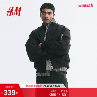 HM男装夹克夹棉长袖立领尼龙外套痞帅复古时尚飞行夹克1344370