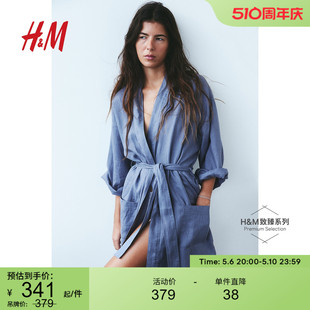 纯色中性水洗亚麻睡袍0107727 HM女士内衣家居服睡袍浴袍夏季 新品