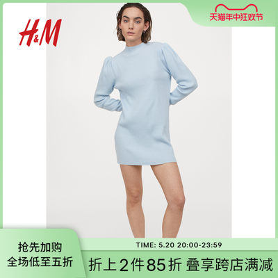 HM女装针织连衣裙冬季女时尚宽松罗纹圆高领裙子0920270