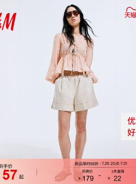 【直播秒杀】HM女装衬衫2026夏季新款领部系带碎褶上衣1344102