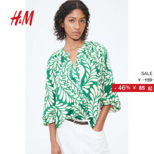 印花气质碎褶柔软小领灯笼袖 HM女装 新款 2025秋季 上衣1219130 衬衫