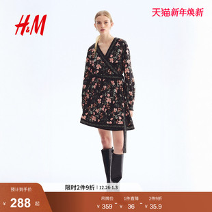 慵懒法式 HM女装 V领收腰围裹式 新款 裙1265585 花卉连衣裙2025冬季