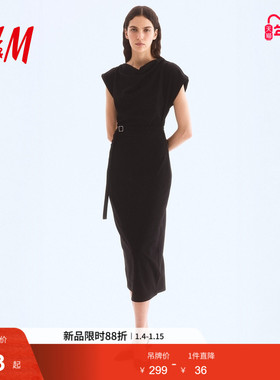 HM女装连衣裙冬季时尚休闲优雅配腰带垂褶连衣裙1301110