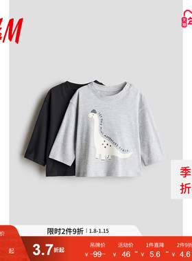 HM童装男婴T恤2件装2024冬季新品休闲时尚舒适柔软长袖T恤1236875