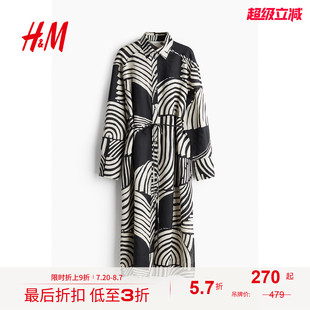 气质中长裙1216689 HM女装 连衣裙秋季 海边度假亚麻衬衫 式