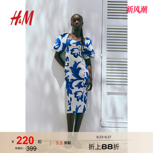 HM女士花卉连衣裙夏季气质修身欧根纱五分袖灯笼袖连身裙1238363