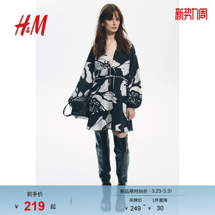 V领长袖 HM女装 气质插肩袖 法式 印花连身裙1266639 花卉连衣裙春季