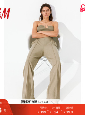 HM女装裤子冬季烫折线松紧高腰灰色休闲通勤气质阔腿西裤1091186
