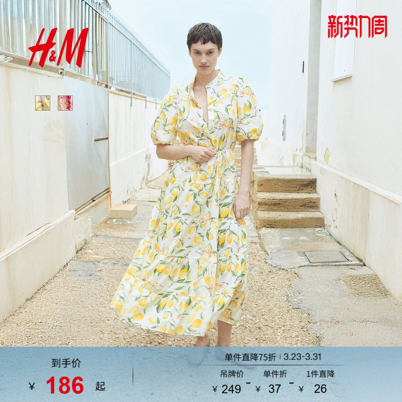 HM女装连衣裙25春季掐腰中式立领灯笼喇叭植物印花长裙12756