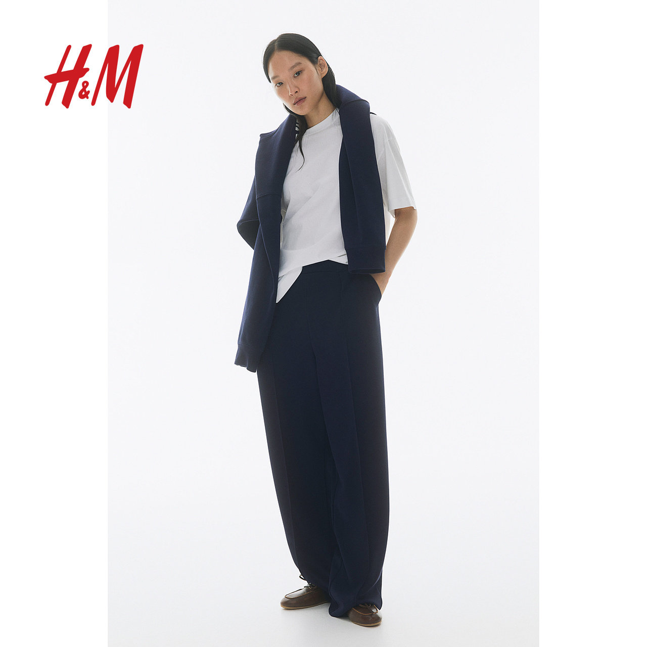 HM女装裤子夏季时尚休闲潮流阔腿松紧高腰西裤1091186图片