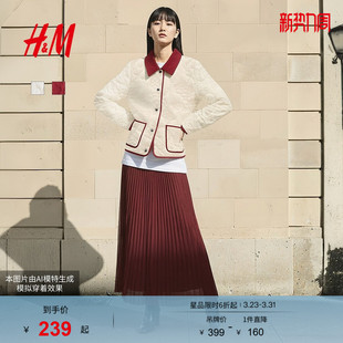 HM女装 棉服26春撞色红色灯芯绒领绗缝外套1000069