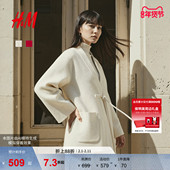 HM女装 牛角扣外套1000073 中长款 毛呢外套2026春季 新年战袍新中式