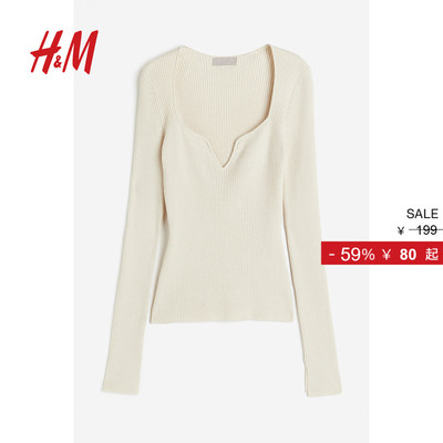 HM女装毛针织衫秋季长袖罗纹针织桃心领上衣1169365