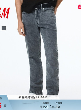 HM男装牛仔裤春季复古直筒牛仔裤黑色中腰弹力5袋式长裤1008549