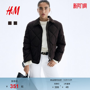 HM女装 绗缝灯芯绒翻折领保暖外套1265267 菱格纹棉服冬季