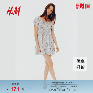府绸碎花裙1274547 方领泡泡袖 HM女装 连衣裙春夏小碎花连衣裙法式