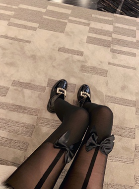 蝴蝶结假高筒性感个性显瘦天鹅绒吊带线黑丝袜一体连裤袜黑色ins