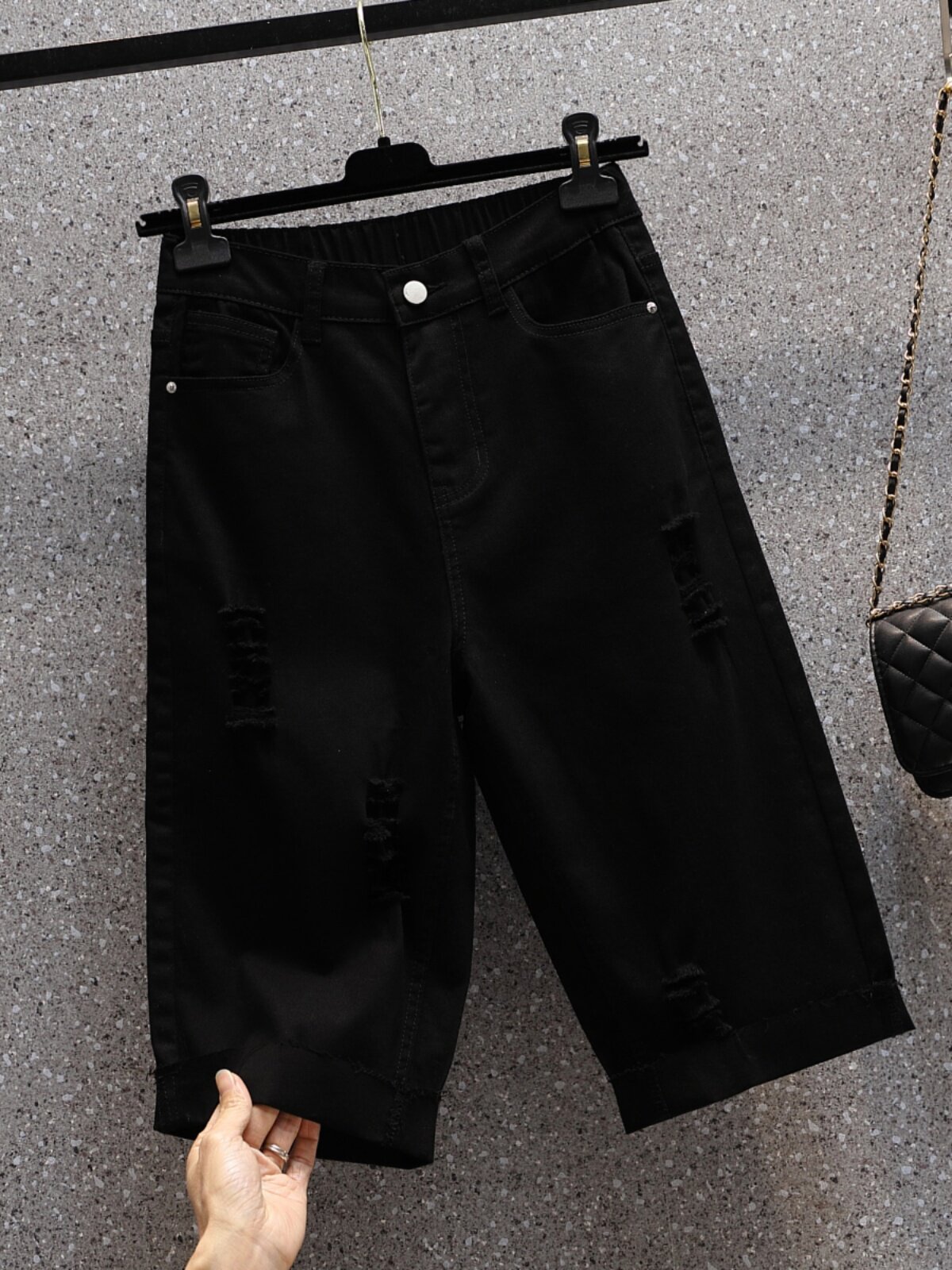 BRAND CABINET WITHDRAWAL PLUS SIZE WOMENS SUMMER DRESS THIN THIN STRETCH FIVE-POINT PANTS FAT MM RIPPED STRAIGHT DENIM SHORTS WOMEN