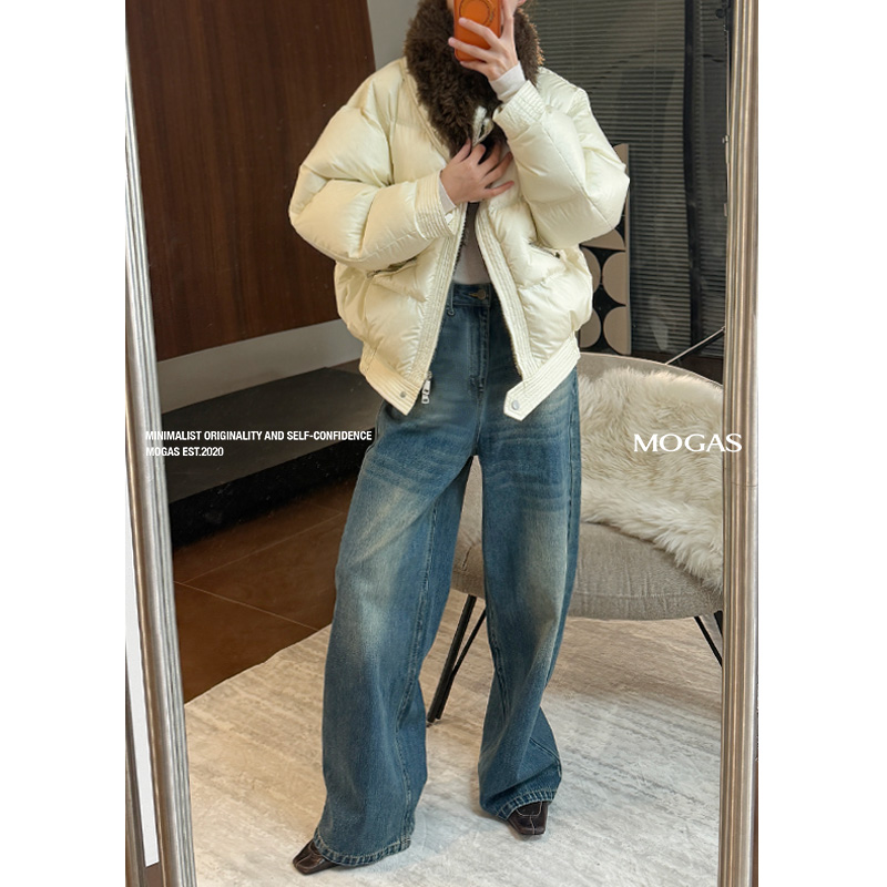Mogas百搭主义 棉混纺复古水洗丹宁磨白显瘦直筒阔腿牛仔裤四季
