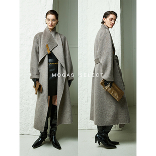 Mogas围领大衣 篙奢阿拉善驼绒羊毛混纺多领型皮袢毛呢外套女秋冬