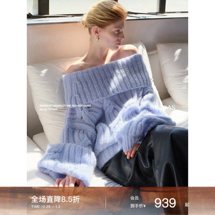 Mogas重磅幼马海羊毛混纺慵懒灯笼袖 一字领绞花套头毛衣女春秋