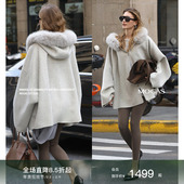 Mogas 明星同款 羊毛骆驼绒真丝可拆毛领连帽斗篷双面毛呢外套