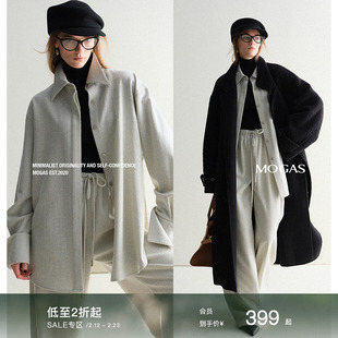 Mogas纸片人套装 羊毛混纺细闪混花纱ROW风衬衫外套直筒长裤女秋