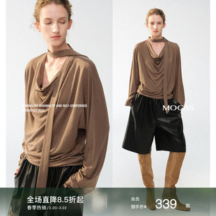 【现货】Mogas时髦艺术家 莱赛尔醋酸亚麻褶皱荡领飘带T恤上衣女