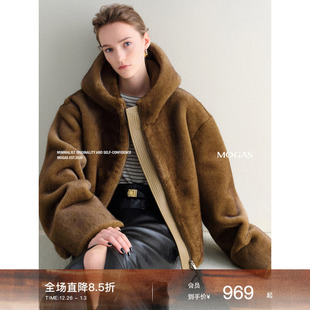 仿水貂皮毛一体连帽短毛毛外套 皮草 Mogas不费力出门 重工环葆