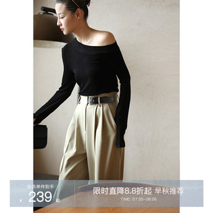 Mogas重磅醋酸 针织上衣女春秋 丝滑触感不对称领气质修身 落肩长袖