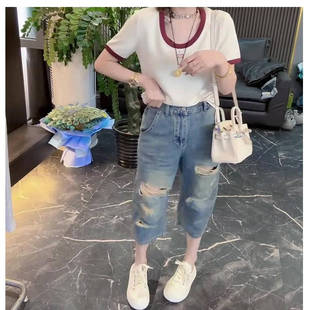 3047#2025夏季薄款破洞七分牛仔裤女大码显瘦潮流百搭直筒裤子
