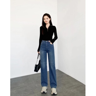 6886#加绒牛仔裤窄版直筒裤女款爆款2025大码微胖腿粗显瘦裤子