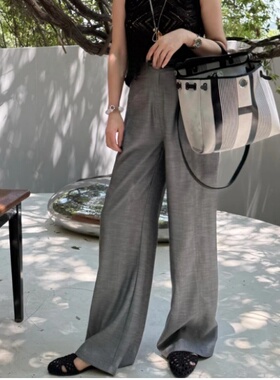516#2025夏季薄款麻灰色休闲裤女高腰显瘦宽松潮流阔腿裤