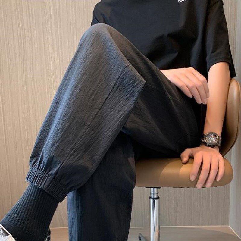 棉麻裤子男夏季新款潮牌修身显瘦亚麻运动休闲裤小脚九分束脚卫裤