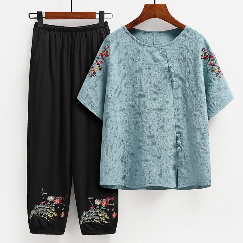 新款老年人夏装棉麻套装女奶奶短袖妈妈T恤衫老人衣服民族风2件套