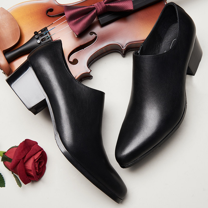 村哥迪郎尖头皮鞋男高跟真皮头层牛皮拉链男鞋欧美男士发型师鞋子