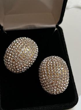 Vintage Jarin重工金色密镶水晶莱茵石高贵华丽气质爆闪中古耳夹