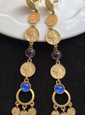 Vintage拜占庭风金色罗马人像蓝紫色彩宝女人味扫肩中古耳环耳针