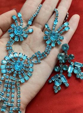 Vintage WIESNER绝美罕见湖蓝色莱茵石水晶项链耳夹中古套装