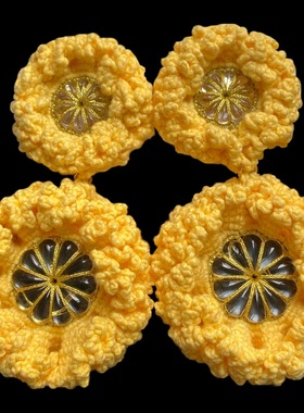 Vintage设计师款原创手作手工钩织圆形黄色花夸张大尺寸扫肩耳夹